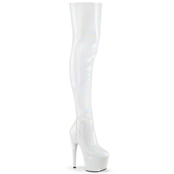 BEJEWELED-3000-7 Pleaser Plateauoverkneestiefel Stretch weiß Holo Lack Strass