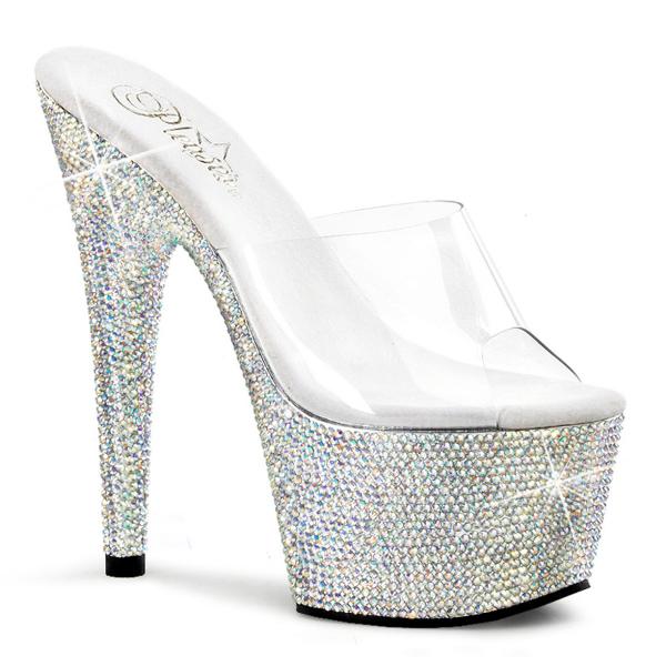 BEJEWELED-701DM Pleaser Damen silber Multi Strass High-Heels Plateau Pantoletten klar