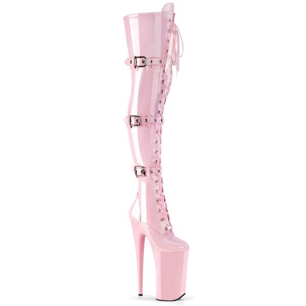 BEYOND-3028 Pleaser sexy Pleaser High-Heels Overkneestiefel babypink Stretchlack 3 Schnallen