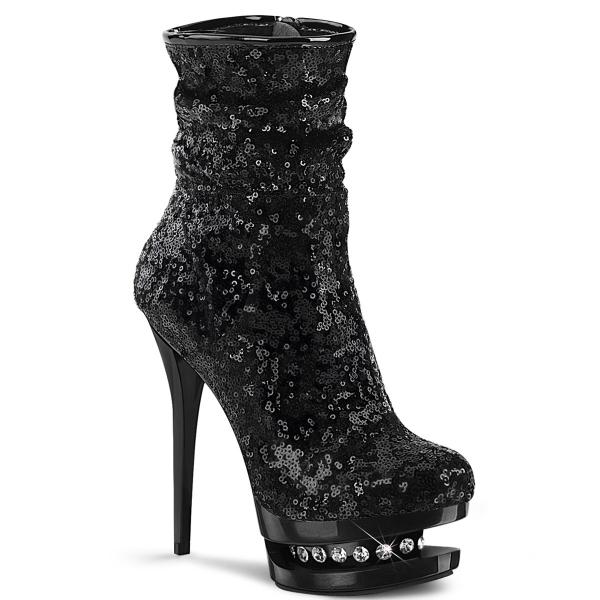 BLONDIE-R-1009 Pleaser High-Heels Rüschen Stiefeletten schwarz Pailletten Strass