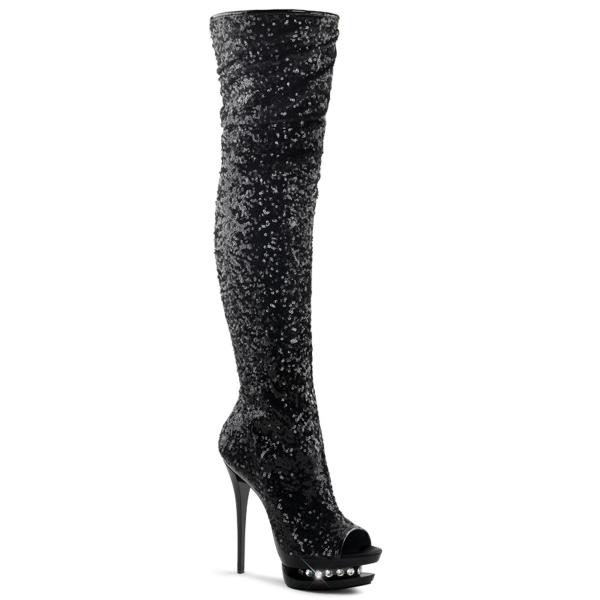 BLONDIE-3011 Pleaser High-Heels Dualplateau Overkneestiefel schwarz Pailletten Strass