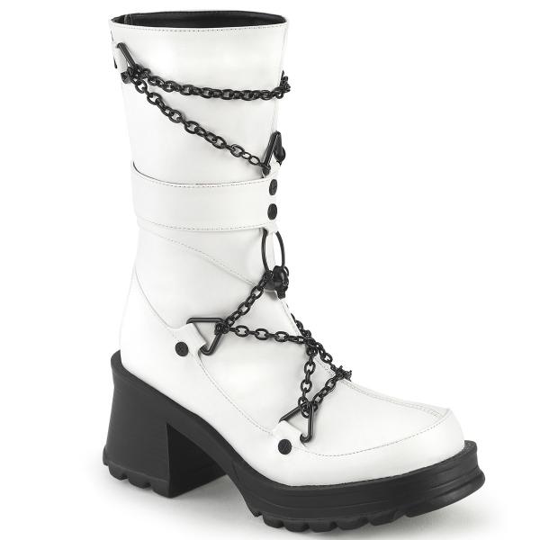 BRATTY-120 DemoniaCult vegan mid-calf boot pyramid ring screw studs white matte