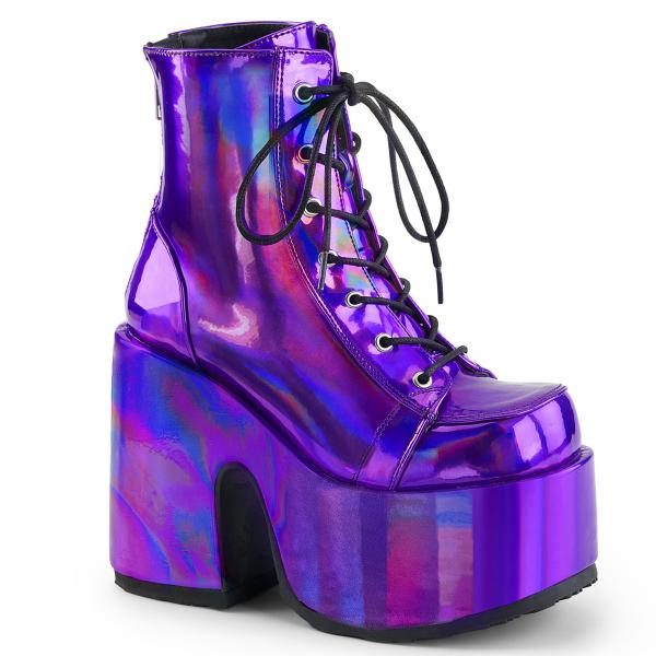 CAMEL-203 DemoniaCult platform lace-up ankle boot purple hologram metal back zip