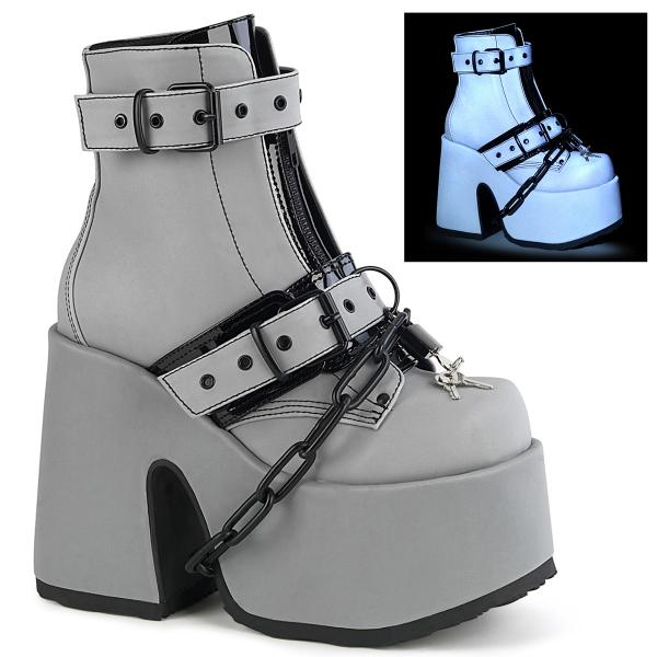 CAMEL-205 DemoniaCult vegan platform ankle boot metal padlock chain grey reflective matte