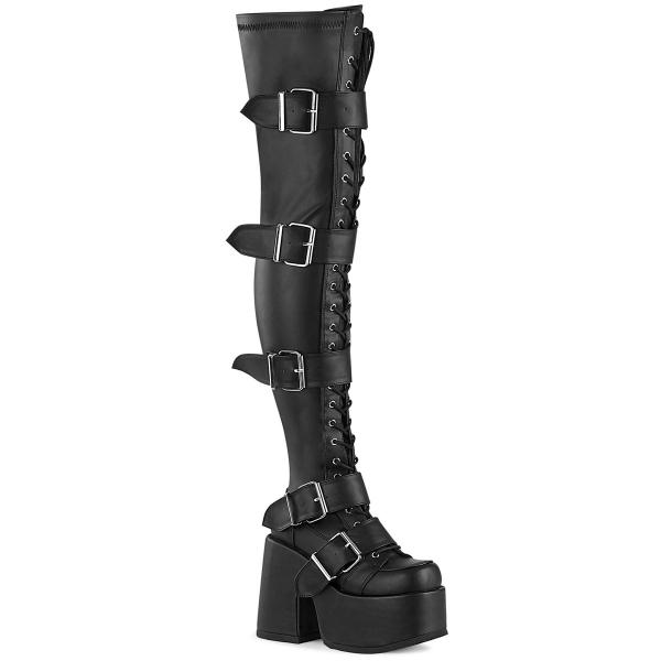 CAMEL-305 DemoniaCult vegan stretch thigh-hih boot buckle straps chunky heel black matte