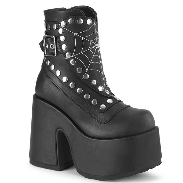 CAMEL-70 DemoniaCult vegan ladies platform mid-calf boot heart shield spiderweb studs black matte