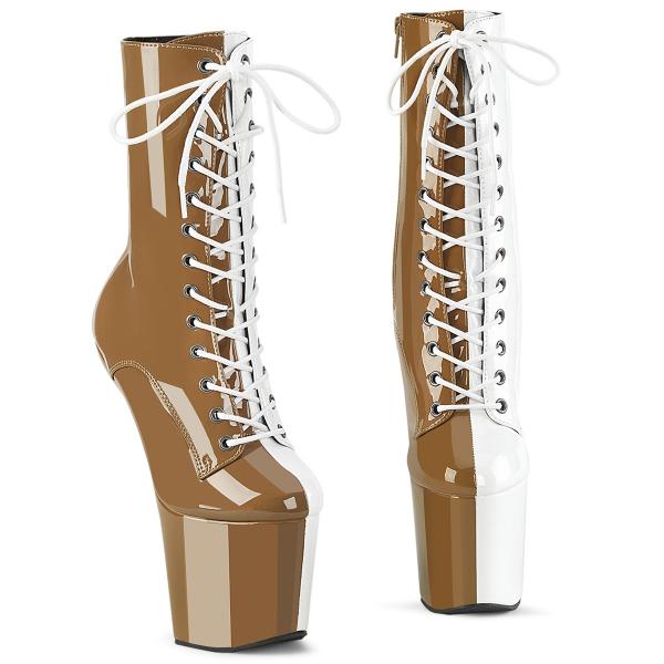 CRAZE-1040TT Pleaser two tone lace-up high heelless platform ankle boots taupe white patent