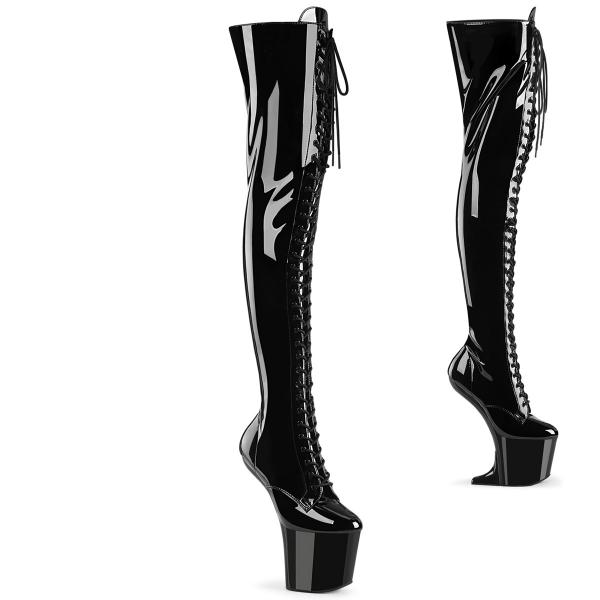 CRAZE-3023 Pleaser absatzlose Plateauoverkkneestiefel mini Keilabsatz schwarz Lack