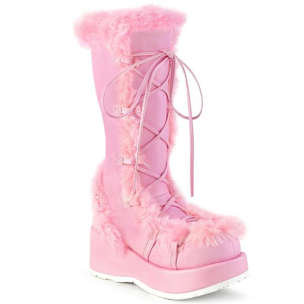 CUBBY-311 DemoniaCult vegan ladies platform mid calf boot fur trim baby pink matte