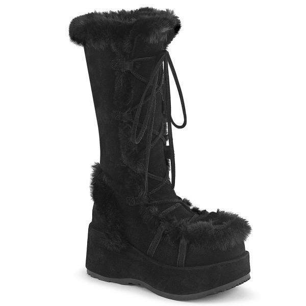 CUBBY-311 DemoniaCult vegan ladies platform mid calf boot fur trim black matte