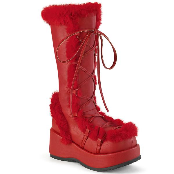 CUBBY-311 DemoniaCult vegane Damen Schnür Plateaustiefel Fellbesatz rot Lederoptik