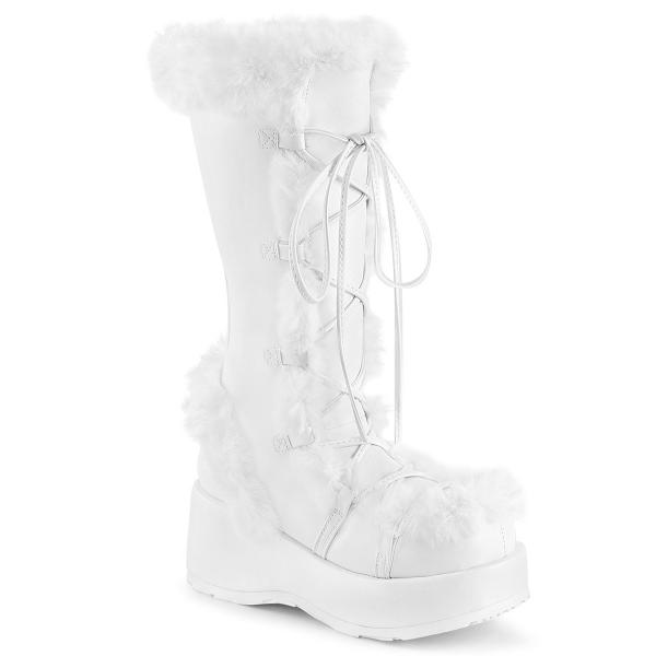 CUBBY-311 DemoniaCult vegan ladies platform mid calf boot fur trim white matte