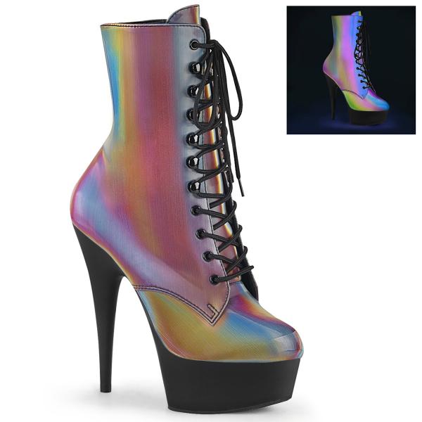 DELIGHT-1020REFL Pleaser vegan platform high heels ankle boot reflective rainbow black matte
