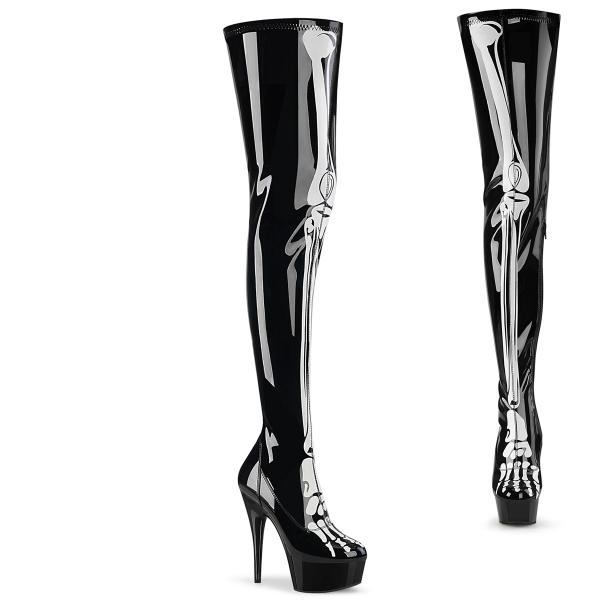 DELIGHT-3000BONE Damen High Heels Stretch Overkneestiefel Knochprint schwarz Lack