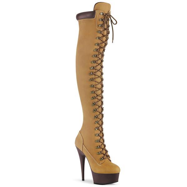 DELIGHT-3000TL Pleaser vegan lace-up front over-the-knee boot tan nubuck