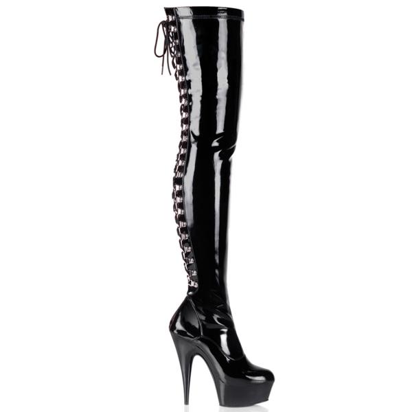 DELIGHT-3063 Pleaser High Heels platform thigh high boot black patent side lace-up back