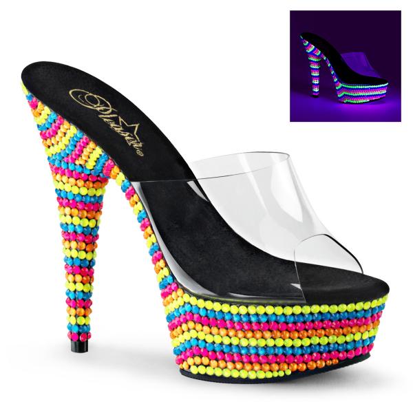 DELIGHT-601RBS Pleaser ladies high heels platform slide clear multi neon UV stones