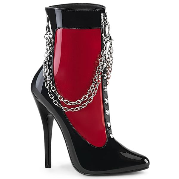 DOMINA-1033 Devious vegan high heels ankle boot contrast upper chain studs black red patent