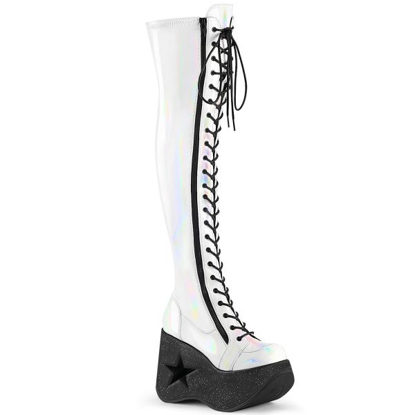 DYNAMITE-300 DemoniaCult platform wedge lace-up thigh high boot white holo stretch patent