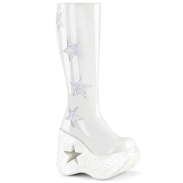 DYNAMITE-218 DemoniaCult star cutout platform wedge kne high boot glitterstars white patent