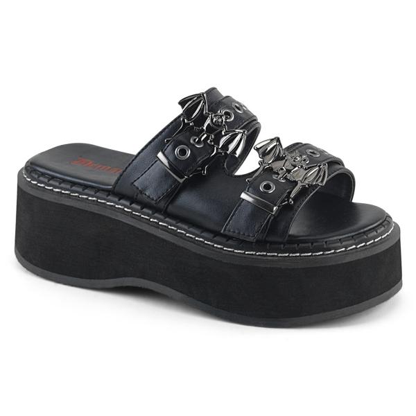 EMILY-100 DemoniaCult double strap slide sandal bat buckles black matte