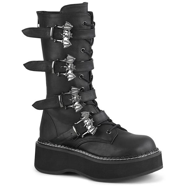 EMILY-322 DemoniaCult vegan mid-calf boot bat buckle straps black matte