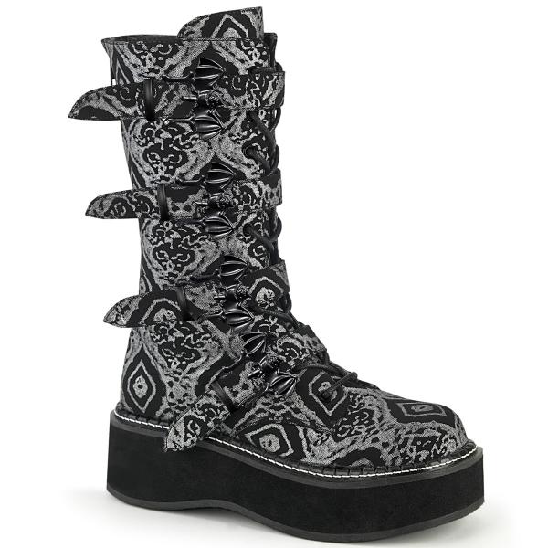 EMILY-322 DemoniaCult vegan mid-calf boot bat buckle straps black matte silver nubuck