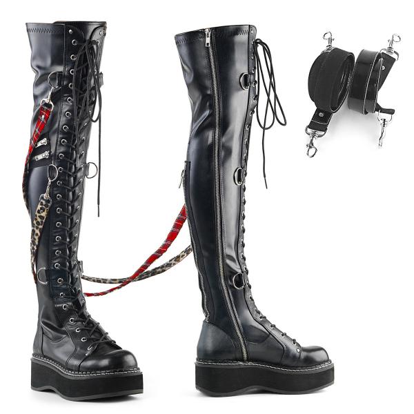 EMILY-377 DemoniaCult over-the-knee lace-up boot bondage pant inspired upper d-rings straps zipper details black matte