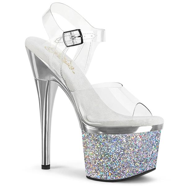 ESTEEM-708CHLG Pleaser high heels platform ankle strap sandal silver chrome glitter