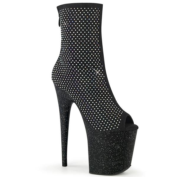 FLAMINGO-1031GM Pleaser platform peep toe ankle boot AB rhinestone mesh black matte