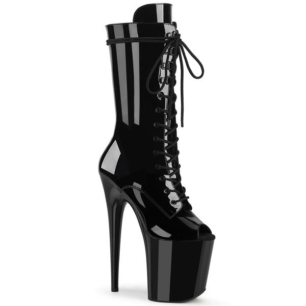 FLAMINGO-1051 Pleaser platform peep toe lace-up front mid calf boot black patent