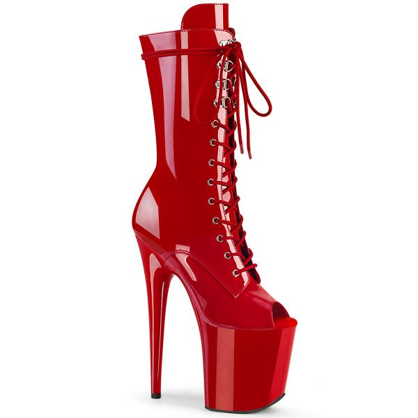 FLAMINGO-1051 Pleaser platform peep toe lace-up front mid calf boot red patent