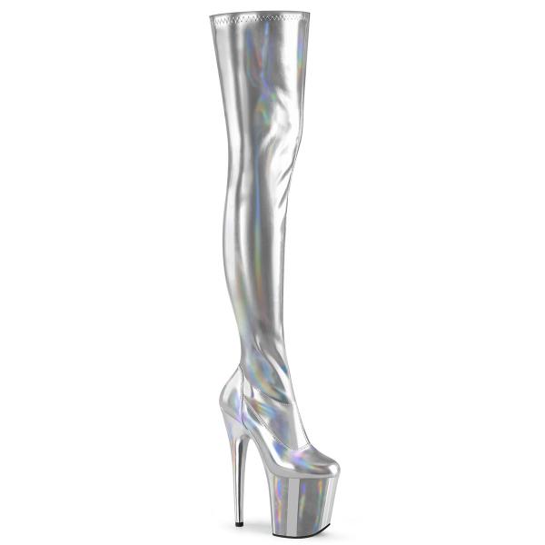 FLAMINGO-3000HWR Pleaser platform stretch thigh high heels boot silver stretch holo matte