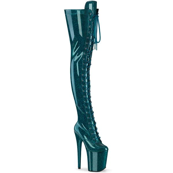 FLAMINGO-3020GP Pleaser vegan platform high heels thigh high boot teal glitter patent