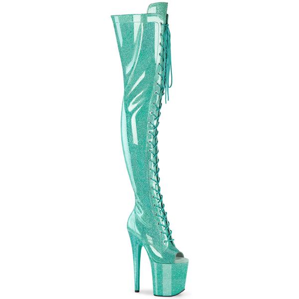 FLAMINGO-3021GP Pleaser vegan high heels peep toe thigh high boot aqua glitter patent