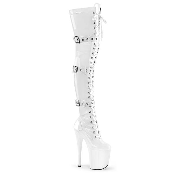 FLAMINGO-3028 Pleaser high heels thigh high boot triple buckles white stretch patent