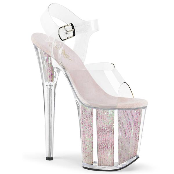 FLAMINGO-808G Pleaser vegane High-Heels Plateau Sandaletten klar opal Glittereinsätze