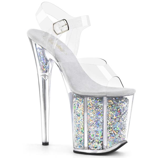 FLAMINGO-808GF Pleaser High-Heels Sandaletten klar silber holografischer Glitter