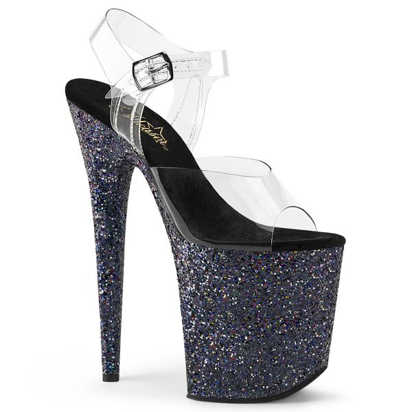 FLAMINGO-808LG Pleaser High-Heels Plateau Sandaletten klar schwarz multiglitter