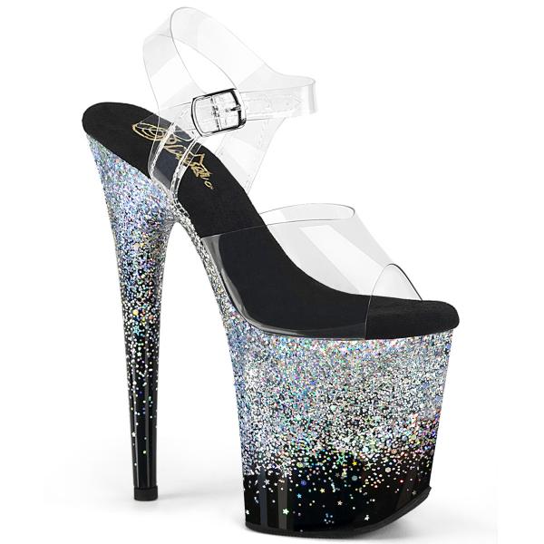 FLAMINGO-808SS Pleaser High Heels Plateausandaletten schwarz silber Multi Glitter Verlauf