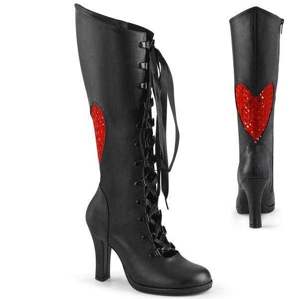 GLAM-243 DemoniaCult platform knee high boot lattice heart design black matte red satin