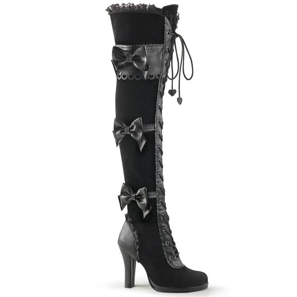 GLAM-300 DemoniaCult high heels platform tigh high boot black lace overlay and bow