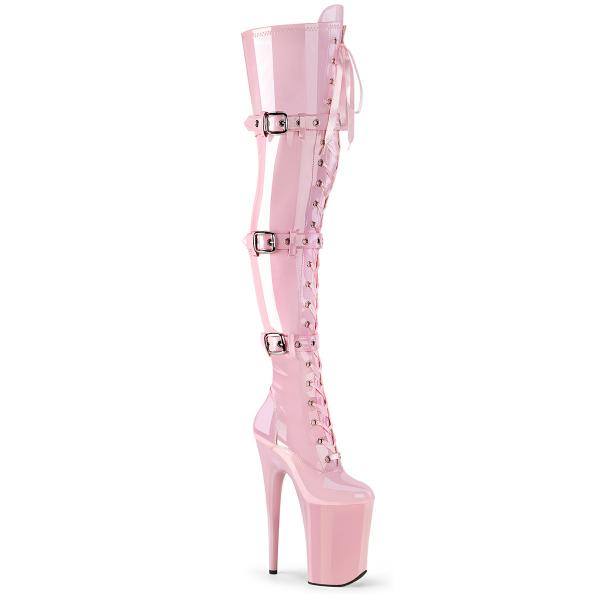 INFINITY-3028 Pleaser high heels thigh high boot triple buckles baby pink stretch patent