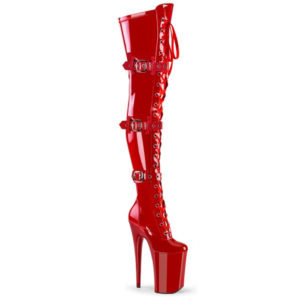 INFINITY-3028 Pleaser High-Heels Overkneestiefel rot Stretchlack 3 Schnallen