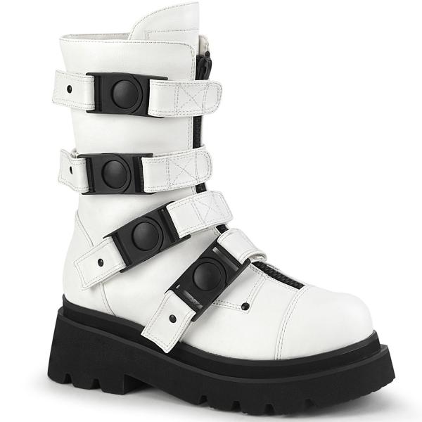 RENEGADE-55 DemoniaCult vegane Damen Plateaustiefel Schnellverschluss Schnallen weiß Matt