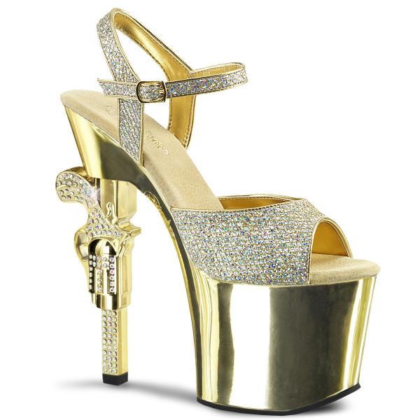 REVOLVER-709G Pleaser High-Heels Sandaletten gold Glitter Gewehrabsatz mit Strass