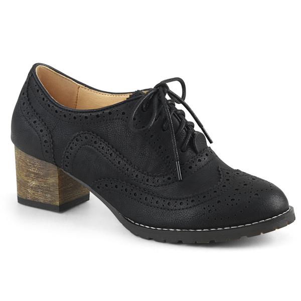 RUSSELL-34 Pin Up Couture wingtip oxford shoe brogue block heel black matte