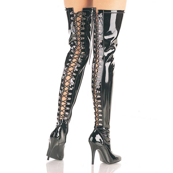 SEDUCE-3063 Pleaser high heels back lace-up stretch thigh boot black patent