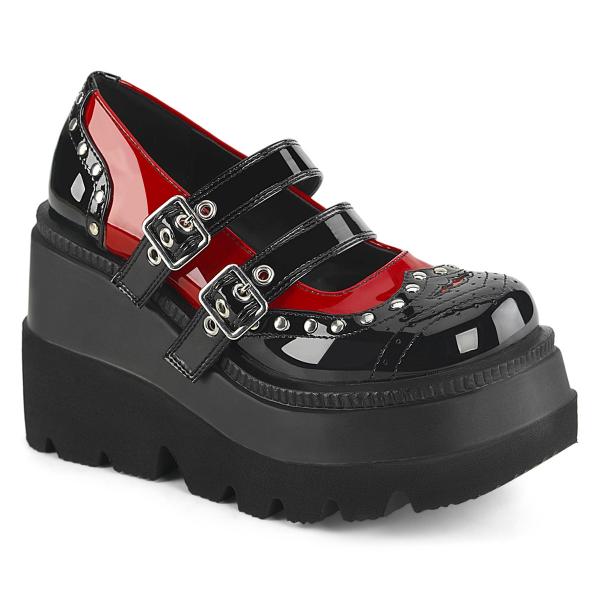 SHAKER-27 DemoniaCult wedge platform buckle strap wingtip pumps studs black red patent