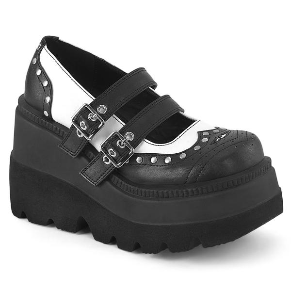 SHAKER-27 DemoniaCult wedge platform buckle strap wingtip pumps studs black white matte